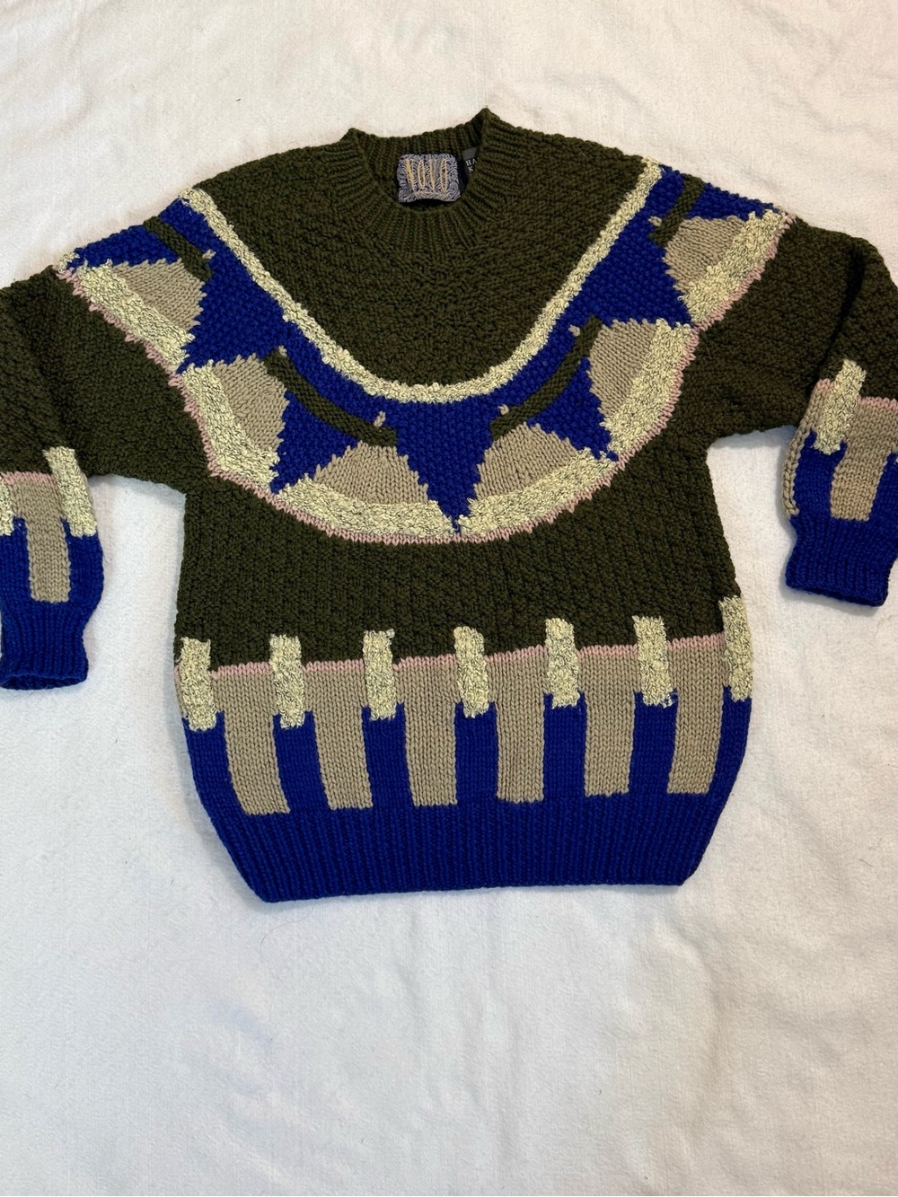 Vintage hand knit wool blend chunky abstract geometric sweater sage green, navy